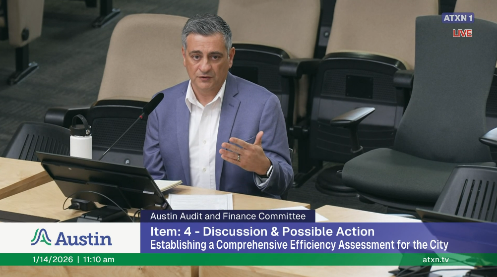 Jason Hadavi speaks at the Austin City Council Audit and Finance Committee